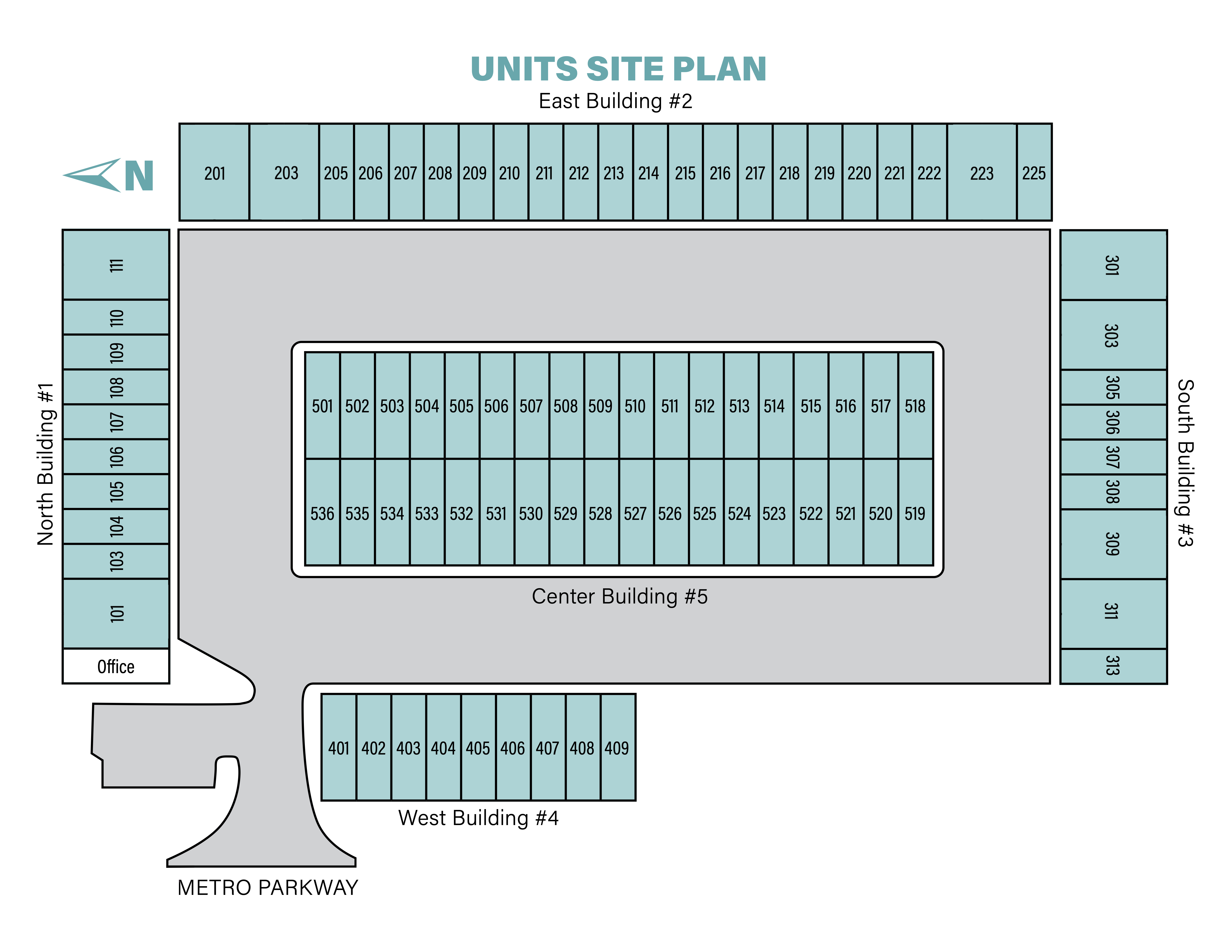 Metro Maxx RV and vehicle storage facility site map showing five climate-controlled buildings with individual unit numbers labeled..